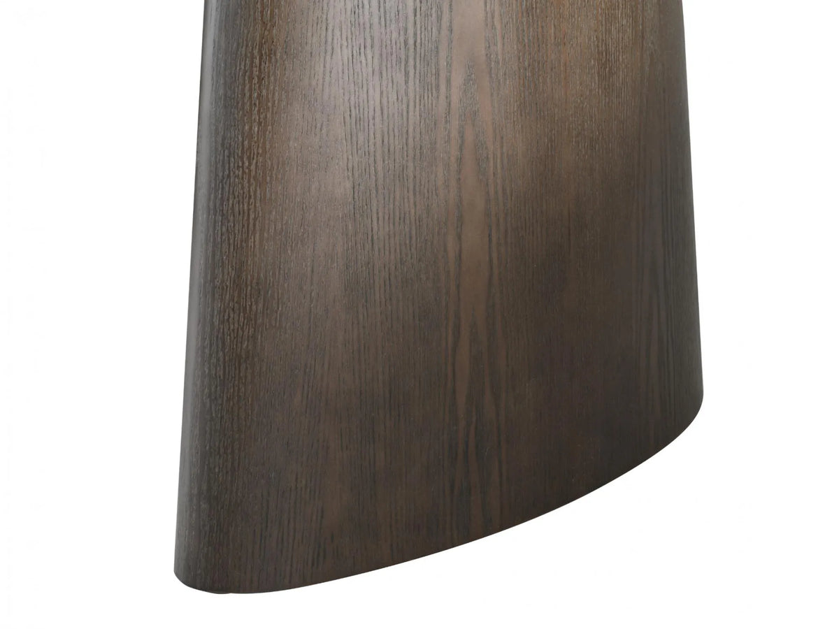 Solaro Dark Walnut dining table with ash veneer top and sculptural curved pedestal legs, leg view