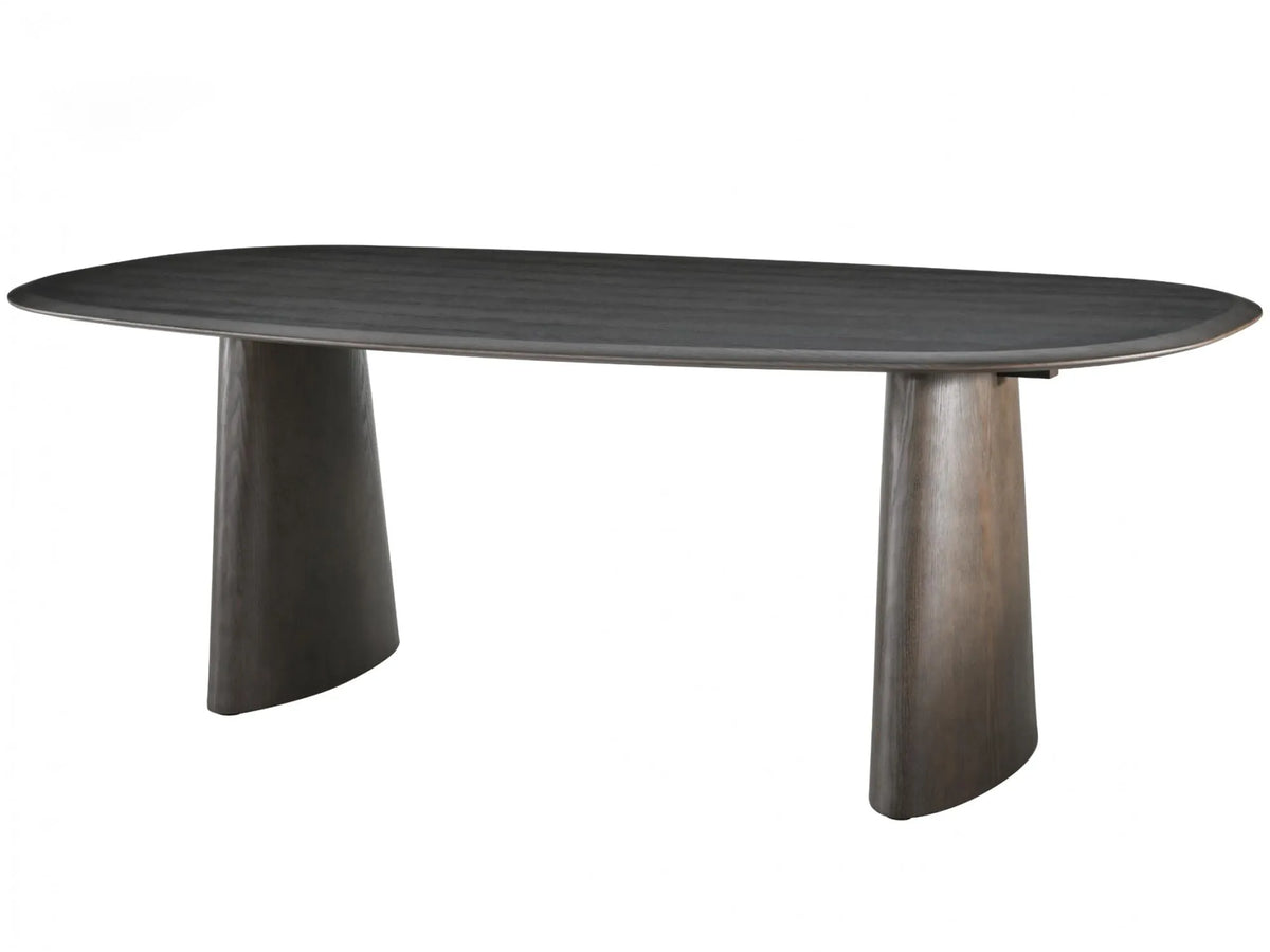 Solaro Dark Walnut dining table with ash veneer top and sculptural curved pedestal legs, angled front view