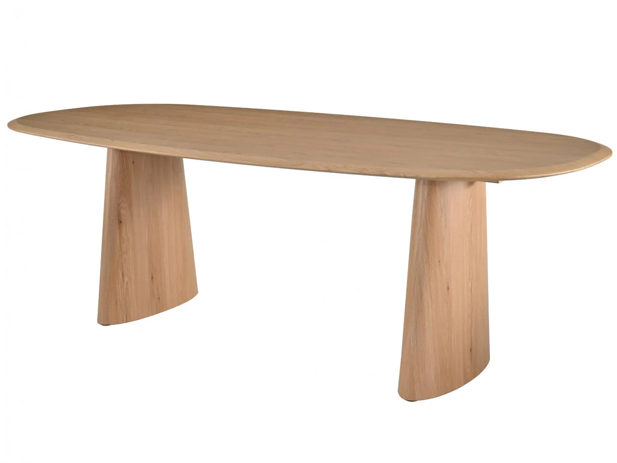 Solaro Natural Oak dining table with ash veneer top and sculptural curved pedestal legs, front angled view