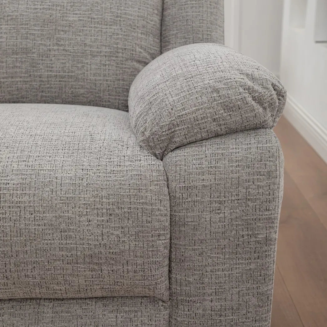 Stella grey 2 seater electric recliner lounge with padded armrests and high backrests, fabric detail
