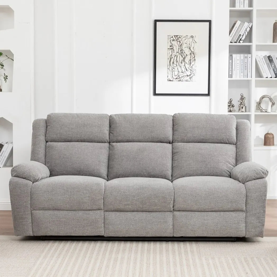 Stella grey 3 seater electric recliner lounge with padded armrests and high backrests, front view