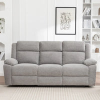 Stella grey 3 seater electric recliner lounge with padded armrests and high backrests, front view