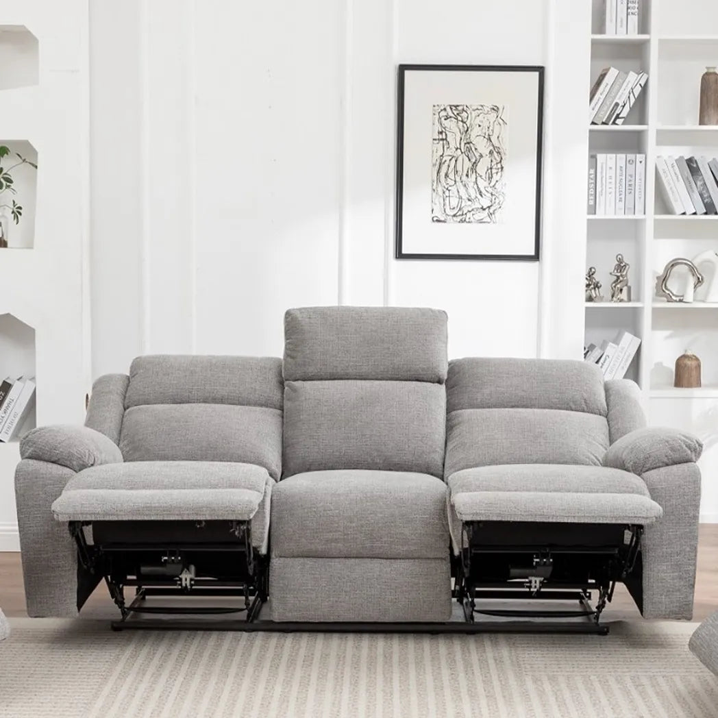 Stella grey 3 seater electric recliner lounge with padded armrests and high backrests, front view