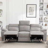 Stella grey 3 seater electric recliner lounge with padded armrests and high backrests, front view