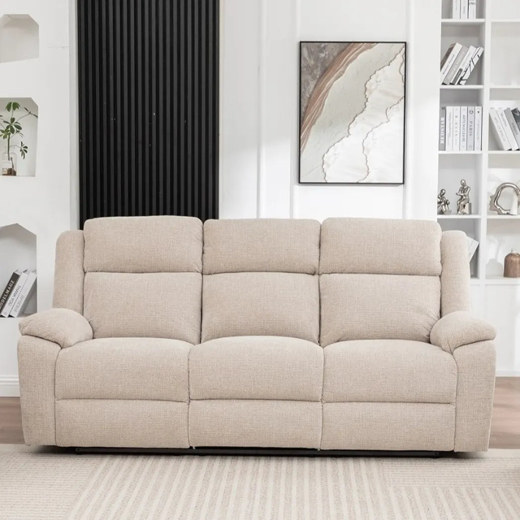 Stella beige 3 seater electric recliner lounge with padded armrests and high backrests, front view