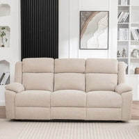 Stella beige 3 seater electric recliner lounge with padded armrests and high backrests, front view