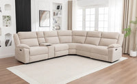 Stella beige 5 seater modular corner lounge with electric recliner end seats, storage console and high backrests