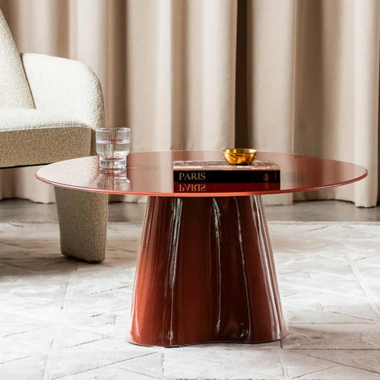 Tahoe 80cm tempered glass coffee table  - plum with fluted pedestal – front three-quarter view