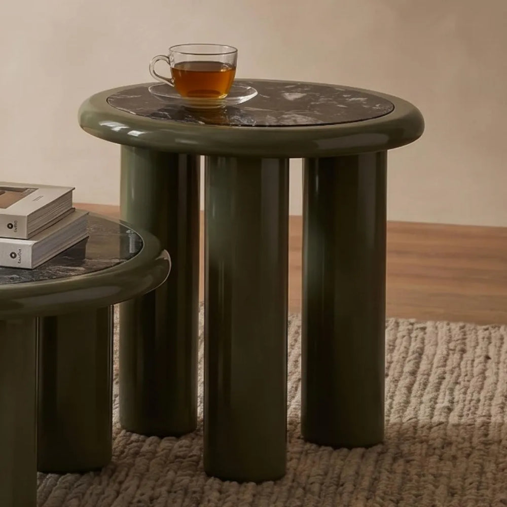 Tiber 50cm grey marble and olive side table – front three-quarter view