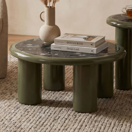 Tiber 80cm grey marble and olive coffee table – front three-quarter view