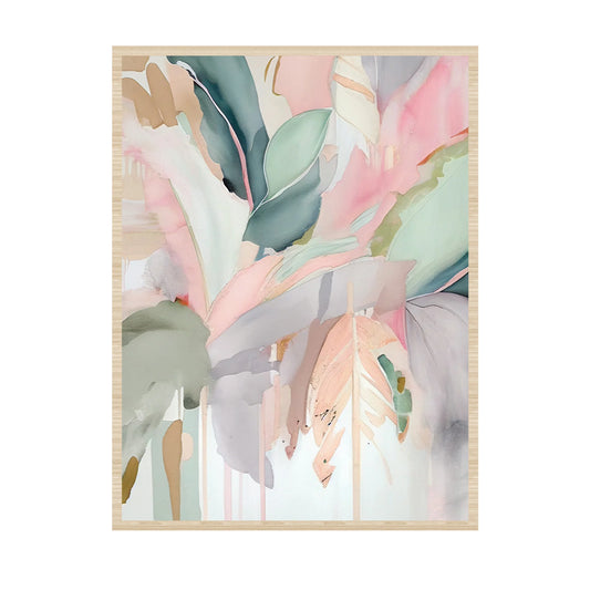 An abstract botanical art print featuring soft watercolor leaves in pastel pink, sage green, dusty blue, and gray, framed by a light natural wood border on a white background.