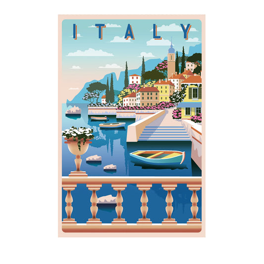 A retro-style travel poster of Italy featuring a coastal town with colorful houses, boats on the blue water, and the word 'ITALY' at the top, framed by a pale pink border on a white background.