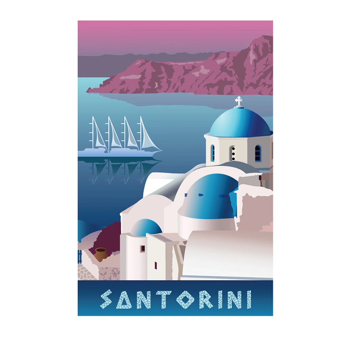 A travel poster of Santorini featuring white buildings with blue domes, sailboats on the blue sea, and pink mountains under a pink sky, with the word 'SANTORINI' at the bottom.