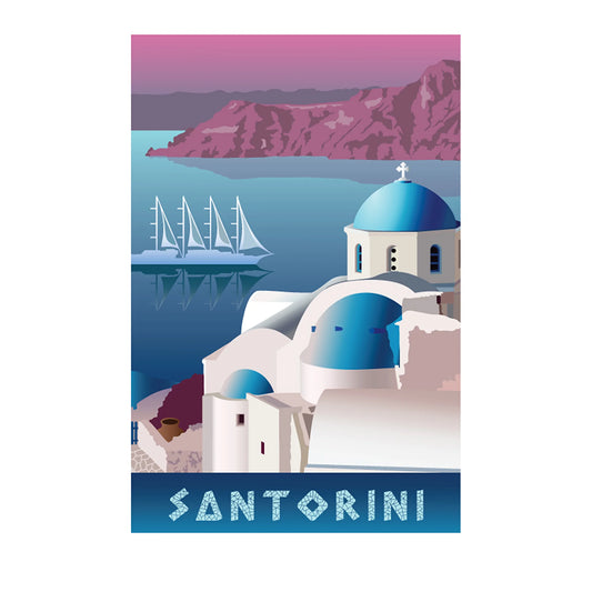 A travel poster of Santorini featuring white buildings with blue domes, sailboats on the blue sea, and pink mountains under a pink sky, with the word 'SANTORINI' at the bottom.