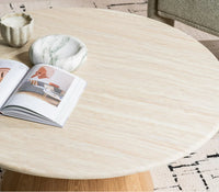 Waverley 100cm round White Travertine marble coffee table with ash veneer pedestal-surface