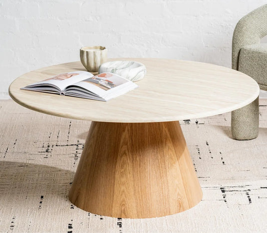 Waverley 100cm round White Travertine marble coffee table with ash veneer pedestal