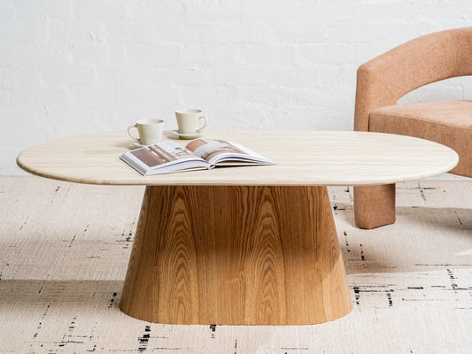 Waverley 130cm oval White Travertine marble coffee table with ash veneer pedestal
