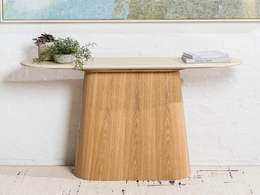 Waverley 150cm White Travertine marble console table with natural ash veneer pedestal