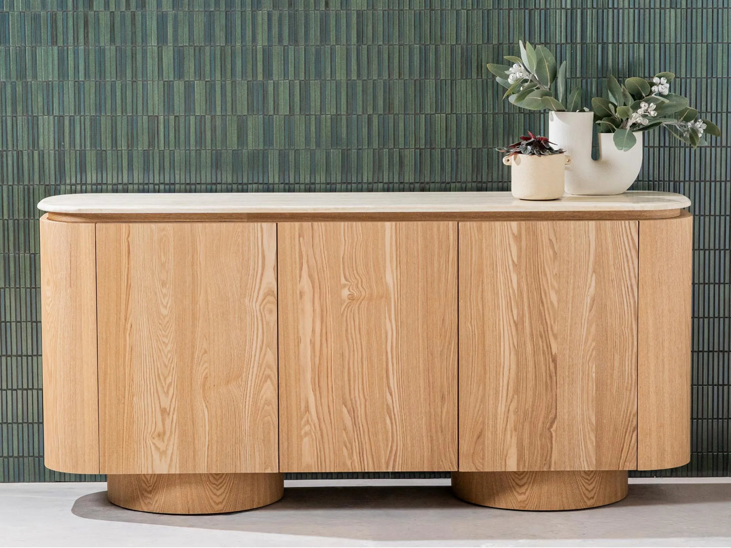 Waverley 180cm White Travertine marble buffet with natural ash veneer body