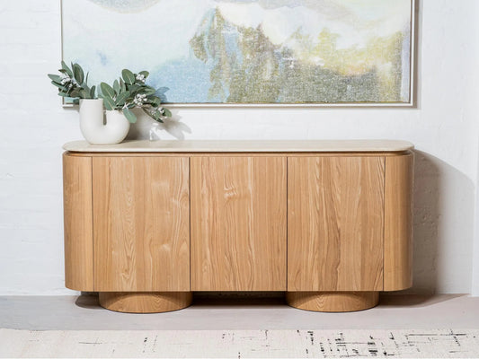 Waverley 180cm White Travertine marble buffet with natural ash veneer body