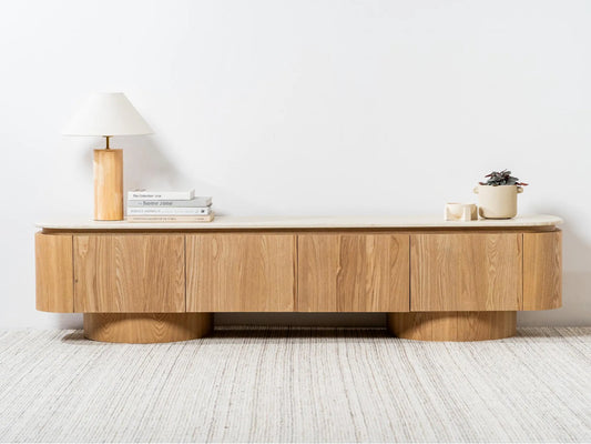Waverley 200cm White Travertine marble TV unit with natural ash veneer body - front view