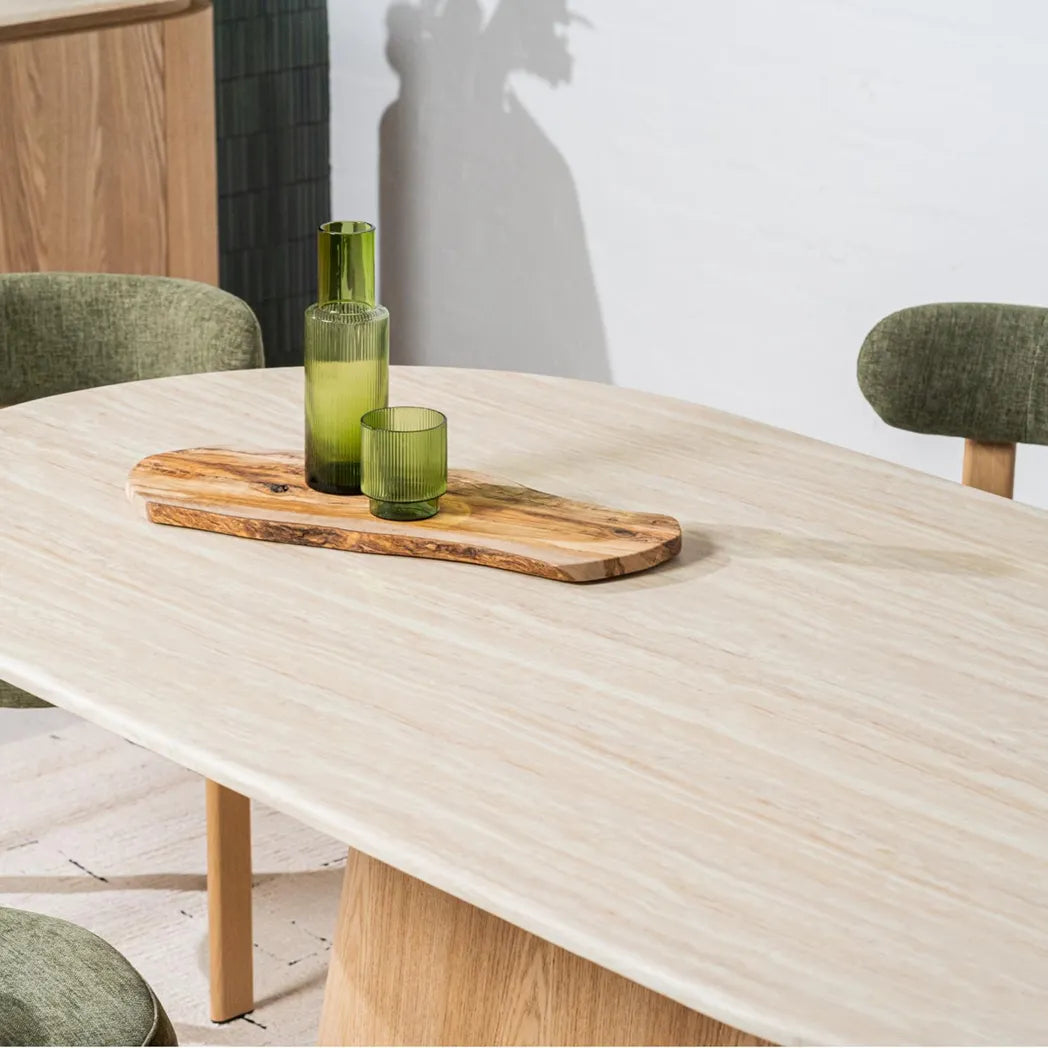 Waverley oval dining table with matte White Travertine-look top and ash veneer MDF pedestal – marble detail