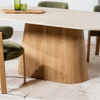 Waverley oval dining table with matte White Travertine-look top and ash veneer MDF pedestal – leg view