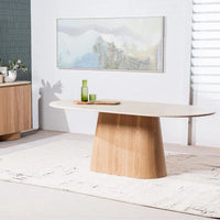 Waverley oval dining table with matte White Travertine-look top and ash veneer MDF pedestal – front view