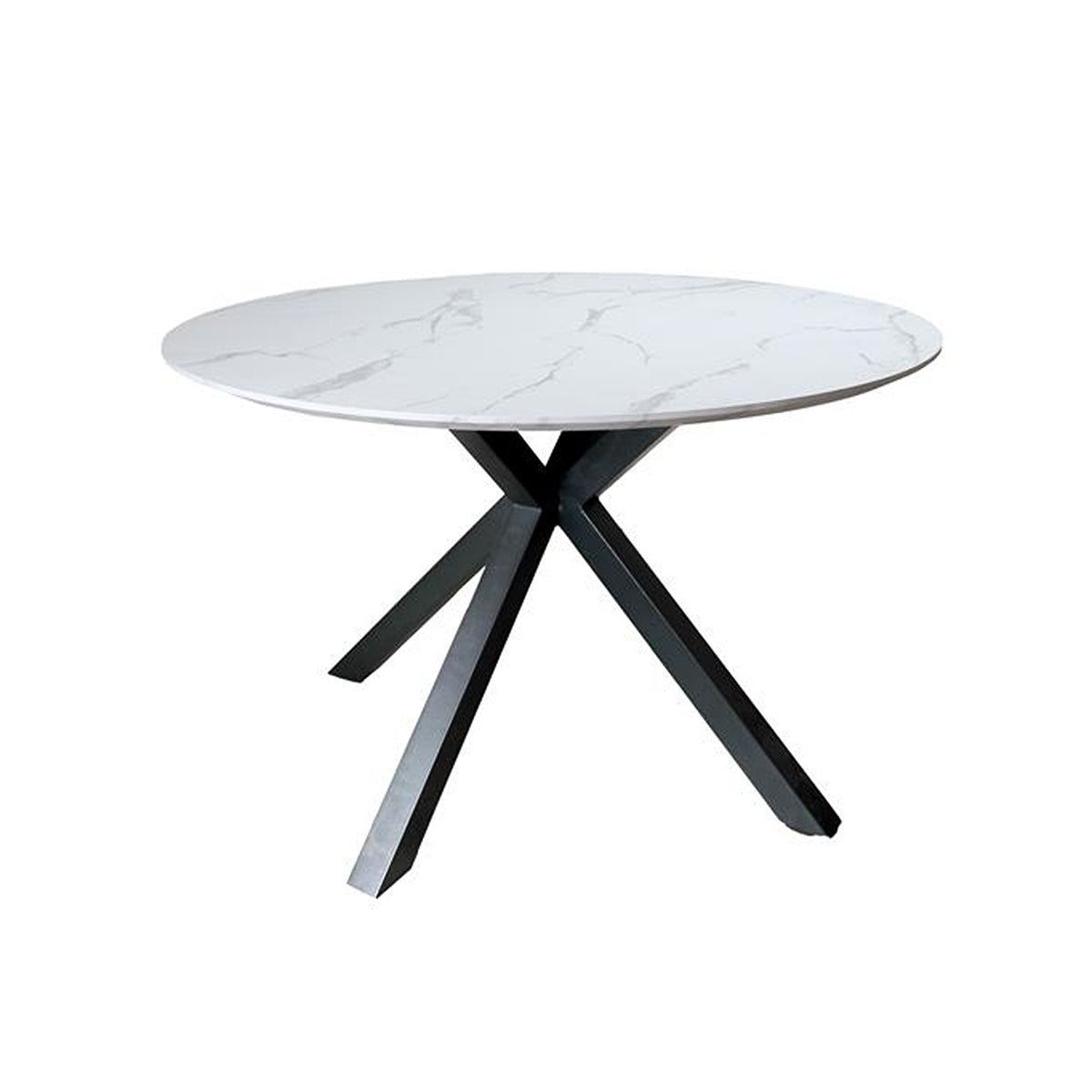 Zorian 1.2m White round dining table with marble-look top and sculptural black powder-coated metal legs, front view