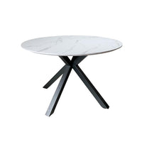 Zorian 1.2m White round dining table with marble-look top and sculptural black powder-coated metal legs, front view