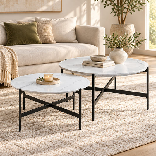 Zorian White 2 piece round coffee table set with marble-look tops and black powder-coated metal frames