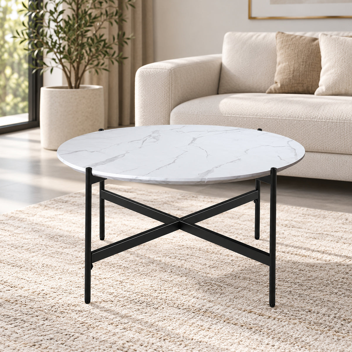 Zorian small White round coffee table with marble-look melamine top and crossed black metal frame