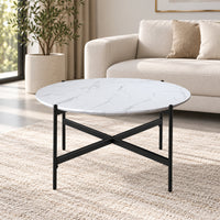 Zorian small White round coffee table with marble-look melamine top and crossed black metal frame